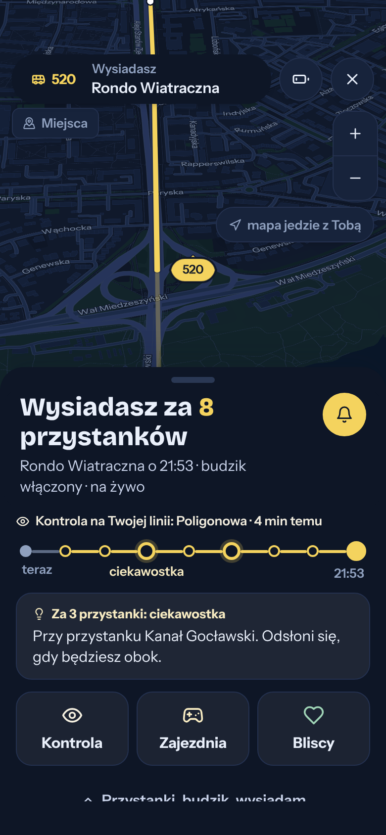 Tryb przejazdu: pojazd na mapie i kolejne przystanki na żywo