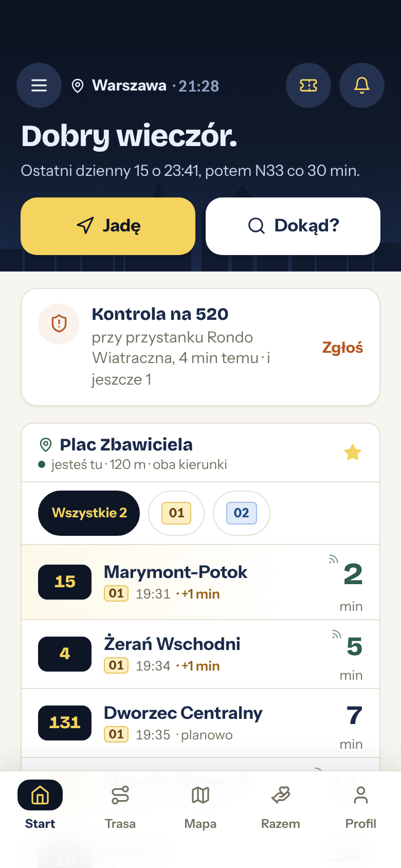 Ekran Start aplikacji: tablica najbliższych odjazdów z plakietkami linii