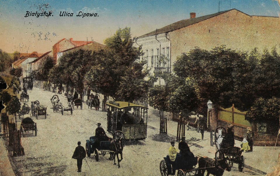 Ulica Lipowa z konnym tramwajem, pocztówka z 1916 roku